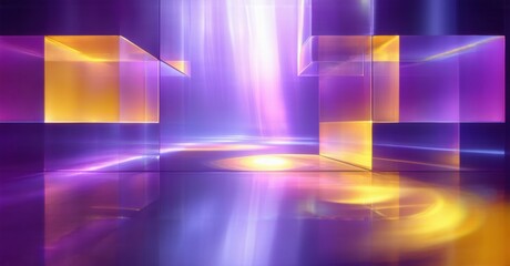 Abstract geometric shapes, vibrant colors, light beams create futuristic space. Reflections enhance depth, visual impact.