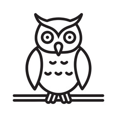 A simple black and white outline icon of a cute owl perched on a branch