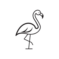 Minimalist line art illustration of a flamingo standing on one leg with a simple black outline