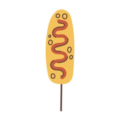 Flat Cartoon Corndog on stick Street snack vector illustration in whimsical flat style for fair or takeaway food design.