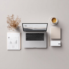 Fototapeta premium Clean, modern workspace flat lay. Laptop with charts, data, coffee, notepad, floral decor create calm focus. Great for business, lifestyle.