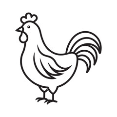 Simple black and white outline illustration of a rooster standing proudly with a curved tail