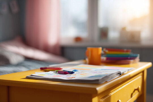 Bright, inviting image of art supplies on a yellow table, suggesting childhood, creativity,  learning. Great for educational resources, parenting blogs, or lifestyle content.