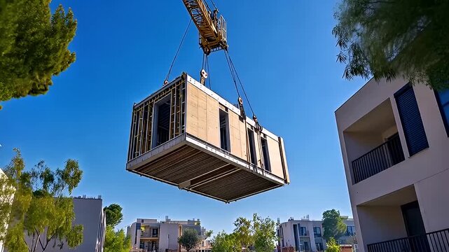 Crane Lifting a Modular Building Section against a Bright Blue Sky with Surrounding Residential Buildings and Green Trees