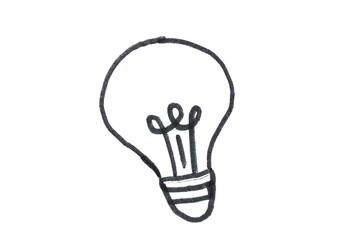 A simple, hand-drawn black and white light bulb icon. This marker doodle on a light background symbolizes a new idea, creativity, innovation, and a solution or invention.