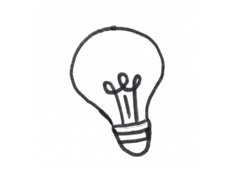 A simple, hand-drawn black and white light bulb icon. This marker doodle on a light background symbolizes a new idea, creativity, innovation, and a solution or invention.