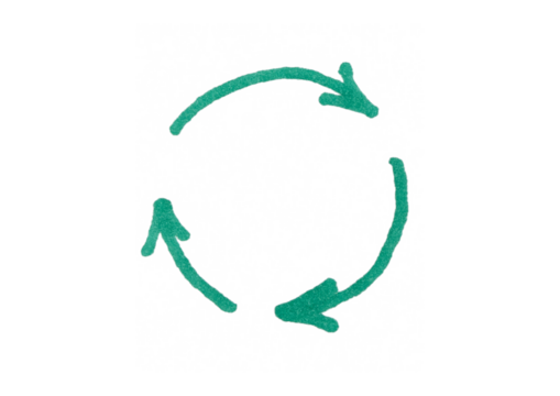 A hand-drawn green circular arrow, or a cycle, with three points, symbolizing a continuous process, renewal, or a circular flow of ideas.