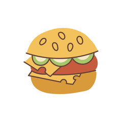 Flat Cheeseburger Drawing. Playful snack vector illustration. Burger or Hamburger Icon for restaurant, takeaway, or food blog design.