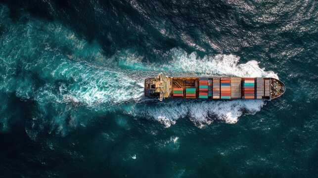 Colorful cargo containers on large freighter ship at sea from above