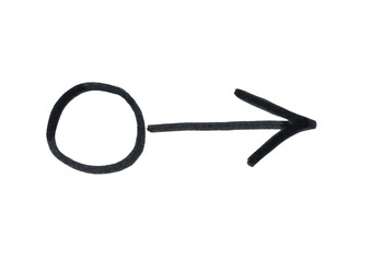 A simple, hand-drawn circle with a straight arrow pointing right, symbolizing a cause-and-effect relationship, a link, or a process moving in one direction.