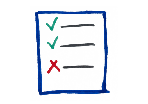 A hand-drawn checklist on a piece of paper, featuring two green checkmarks and one red 'X', symbolizing task completion, decision-making, or a success/failure outcome.