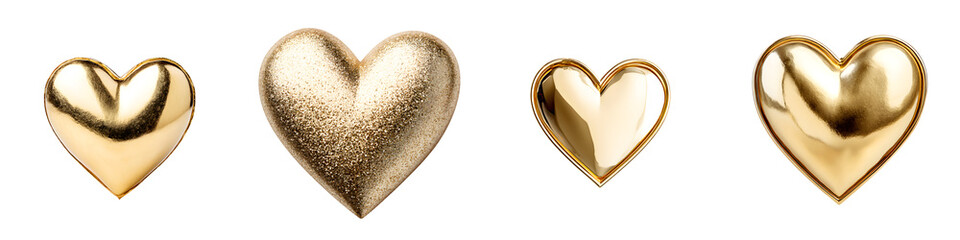 Fototapeta premium Golden Heart Collection: Four Shiny Metallic Hearts Isolated on White