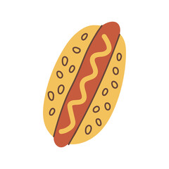 Hand drawn flat style Hot Dog illustration. Playful vector sausage in bun with mustard, cartoon fast food snack art for menu and decor projects.
