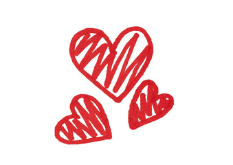 Three hand-drawn red hearts with a scribbled texture inside, varying in size, symbolizing love, affection, emotion, or a feeling of passion and warmth.