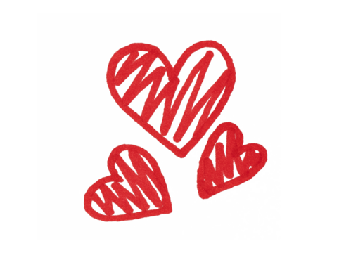 Three hand-drawn red hearts with a scribbled texture inside, varying in size, symbolizing love, affection, emotion, or a feeling of passion and warmth.