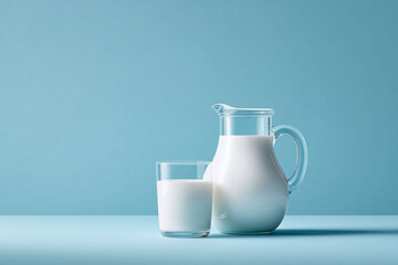 A refreshing glass and pitcher of fresh, white liquid on a soft blue background. Minimalist, clean, healthy. Perfect for nutrition, wellness, or dietary concepts.