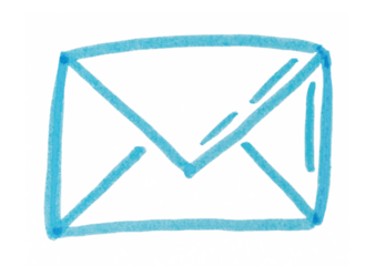 A simple, hand-drawn email icon in light blue, with a rough outline and a line suggesting an open flap, symbolizing communication, contact, or digital messaging.