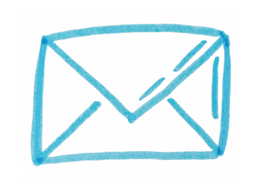 A simple, hand-drawn email icon in light blue, with a rough outline and a line suggesting an open flap, symbolizing communication, contact, or digital messaging.