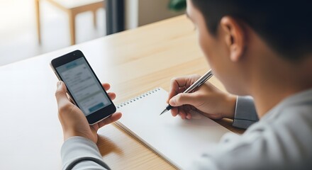 A man sits at a desk, using his smartphone while writing notes in a spiral notebook.