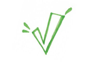 A stylized, hand-drawn green checkmark icon with a distinctive, slightly abstract design and small decorative elements. This marker doodle on a light background symbolizes confirmation, success.