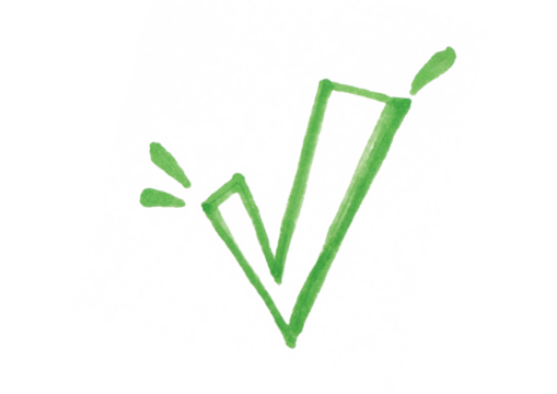 A stylized, hand-drawn green checkmark icon with a distinctive, slightly abstract design and small decorative elements. This marker doodle on a light background symbolizes confirmation, success.