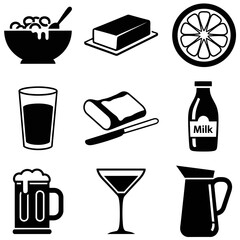 A conceptual collection of food and beverage icon illustrations.