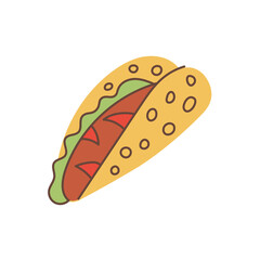 Hand drawn Taco with meat and lettuce Icon. Playful street food vector illustration for cafe branding, poster, or blog design.