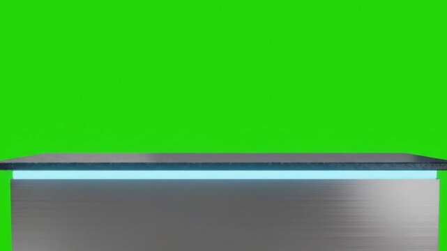 Modern futuristic news desk with a glowing blue light strip, isolated on a green screen background for virtual studio broadcasting.