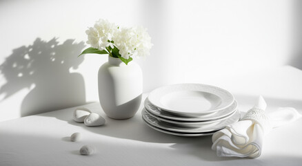 Beautiful arrangement of white vase, flowers, plates, stones, and napkin on a table. Ideal for home decor or event planning.