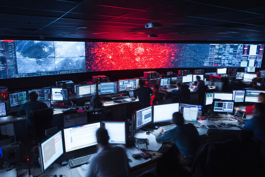Busy control room filled with workers monitoring data on multiple screens. The image evokes themes of surveillance, cybersecurity, and technological expertise.