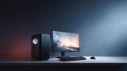 Highperformance desktop PC setup with colorful RGB lighting. Powerful, modern aesthetic, ideal for gaming, creative work, or tech themes. Studio shot.