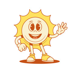 Cute comic yellow sun cartoon character greeting hi contoured vector flat illustration. Happy smiling summer sunlight sunny sunshine vacation mascot waving hand welcome hello gesture