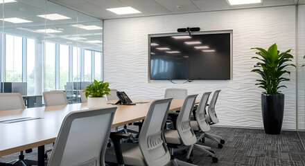 Modern conference room with wavy 3d wall panel and large screen