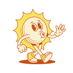 Cheerful yellow sun cartoon character walking whistling contoured vector flat illustration. Smiling comic summer sunlight vacation sunshine mascot going relaxing having fun positive emotion