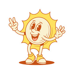 Funky cute yellow sun cartoon character hi hello contoured vector flat illustration. Happy adorable summer sunlight sunshine vacation mascot peace greeting friendly waving hand positive emotion