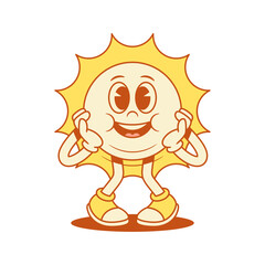 Cute adorable yellow sun cartoon character smiling surprise contoured vector flat illustration. Funny comic summer sunshine sunlight vacation mascot joyful having fun astonished with positive emotion