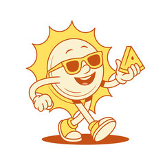 Happy yellow sun cartoon character with watermelon contoured vector flat illustration. Funny cheerful summer sunlight sunshine vacation mascot in sunglasses relaxing smiling