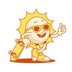 Funky yellow sun cartoon character with skateboard contoured vector flat illustration. Cheerful adorable summer sunlight sunshine vacation mascot in sunglasses board parkour trick