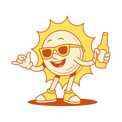 Cool relaxed yellow sun cartoon character with beer contoured vector flat illustration. Funny cheerful summer party surf resting vacation mascot in sunglasses with refreshment beverage