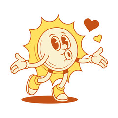 Enamored yellow sun cartoon character with heart contoured vector flat illustration. Funky comic summer sunlight sunshine vacation mascot blowing love like amor Saint Valentine's Day
