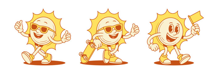 Funky smiling yellow sun cartoon character set contoured vector flat illustration. Happy cute adorable summer sunlight sunshine vacation mascot in sunglasses with skateboard and flag