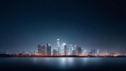 Fototapeta premium Spectacular cityscape view at night. Modern skyscrapers light up the skyline, reflected in calm water. Ideal for urban development, finance, or travel.