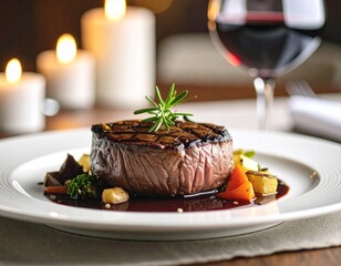 A high-quality, close-up shot of a luxurious steak dish, perfectly grilled to a medium-rare finish. 