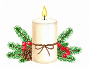 Christmas candle isolated on white background. Watercolor illustration