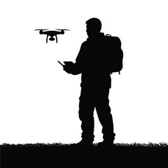 Silhouette features a hiker with a backpack operating a drone using a tablet-like controller in a grassy outdoor setting