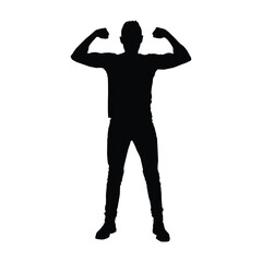 A silhouette of a muscular man standing and flexing his biceps