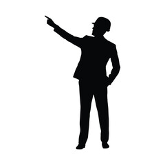 A black silhouette of an architect or engineer wearing a hard hat and suit, pointing with one arm extended forward while the other hand is in his pocket