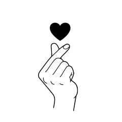 Obraz premium Hand forming Korean finger heart, simple line art, romantic gesture, black and white illustration, minimalist design, perfect for social media, Valentine's Day, love concept, affection symbol