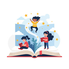 A cheerful flat illustration of three children joyfully reading and playing around a giant open book, surrounded by clouds and stars, symbolizing the magic of learning and imagination