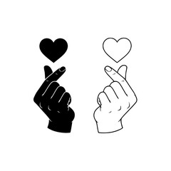 Obraz premium Korean finger heart hand gesture: black and white line art; romantic, cute, and playful illustration, social media, love, affection, friendship, positive vibes.